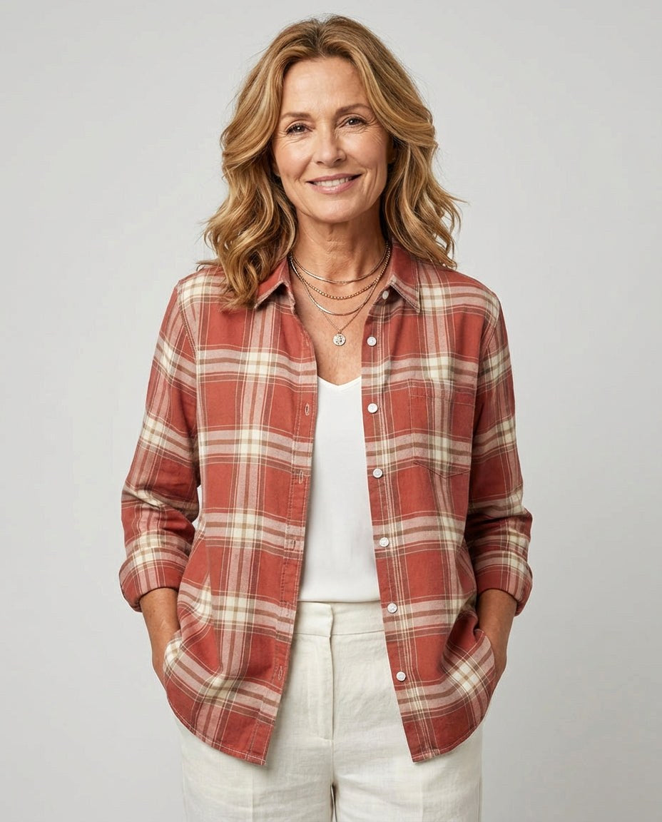 Paulina | Damska koszula flanelowa w kratę, bawełniana koszula regular fit | Rokishi