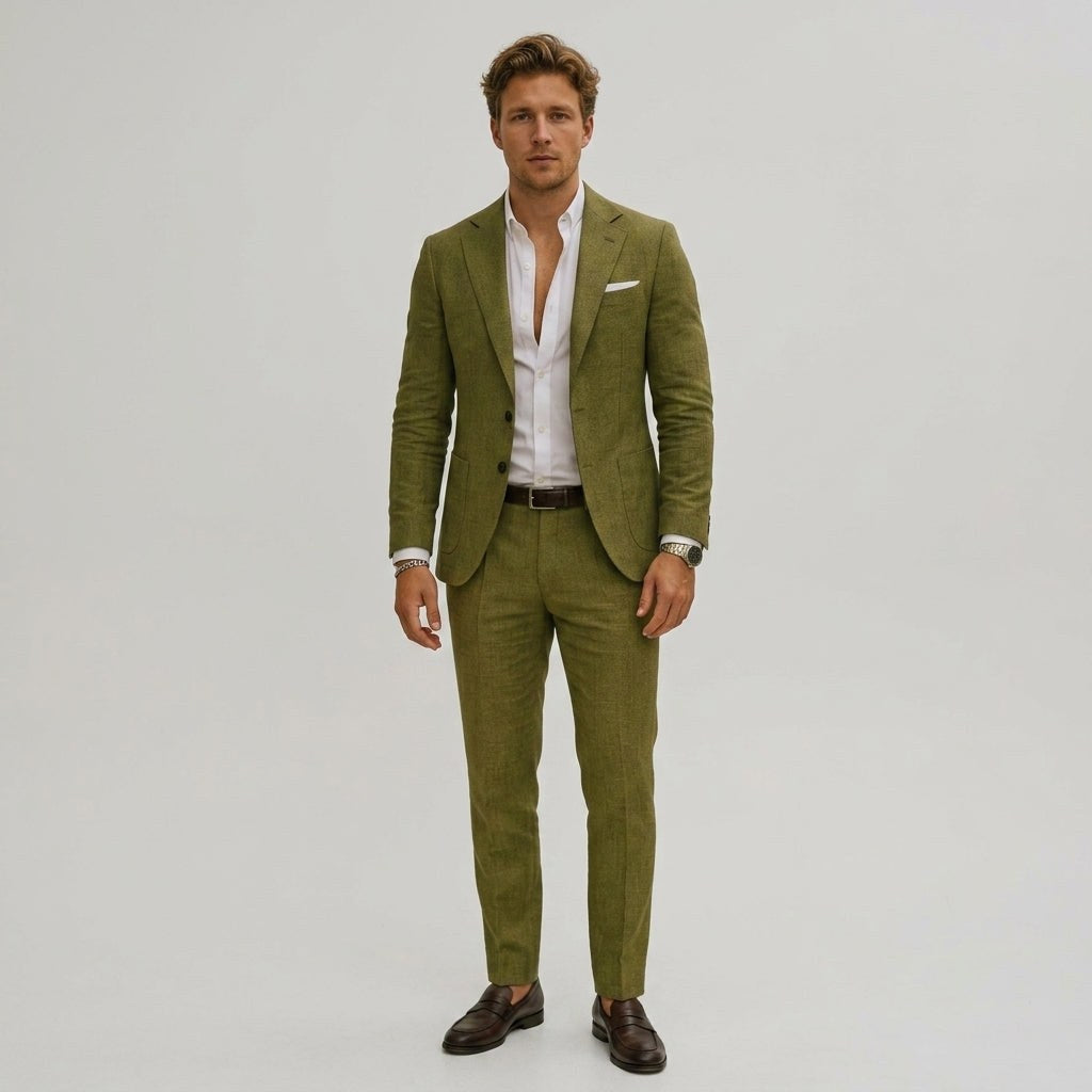 Seweryn | Męski garnitur dwuczęściowy slim fit, lniany garnitur w kolorze oliwkowym | Rokishi