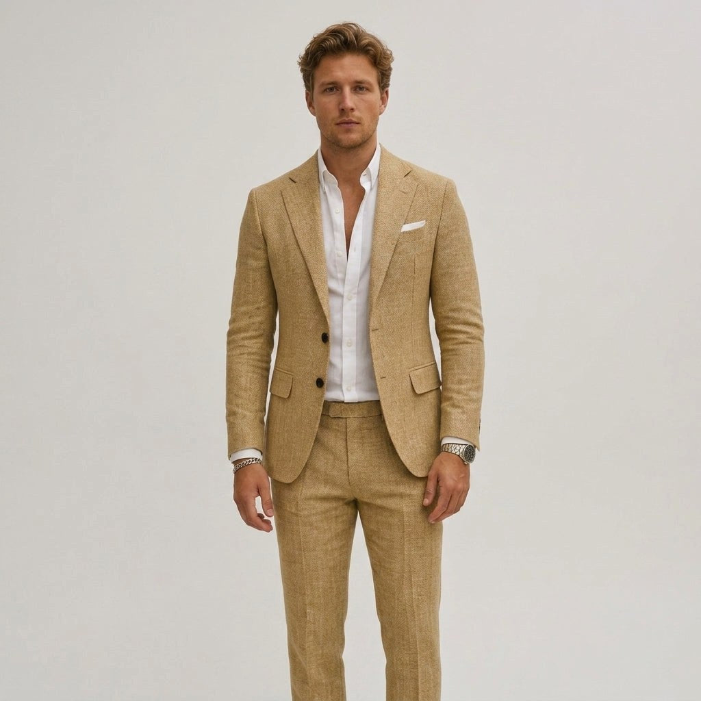 Seweryn | Męski garnitur dwuczęściowy slim fit, lniany garnitur w kolorze oliwkowym | Rokishi