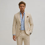 Seweryn | Męski garnitur dwuczęściowy slim fit, lniany garnitur w kolorze oliwkowym | Rokishi