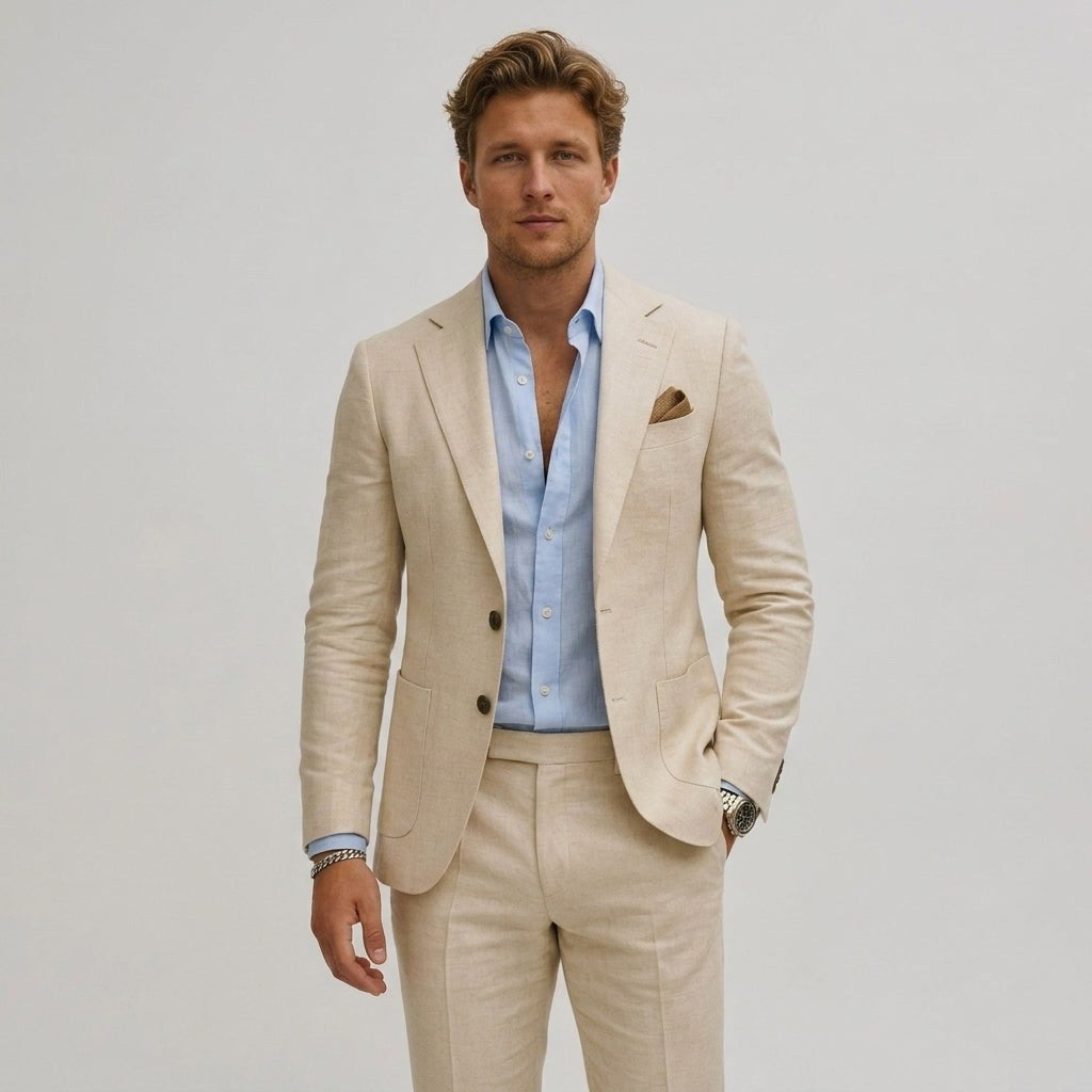 Seweryn | Męski garnitur dwuczęściowy slim fit, lniany garnitur w kolorze oliwkowym | Rokishi