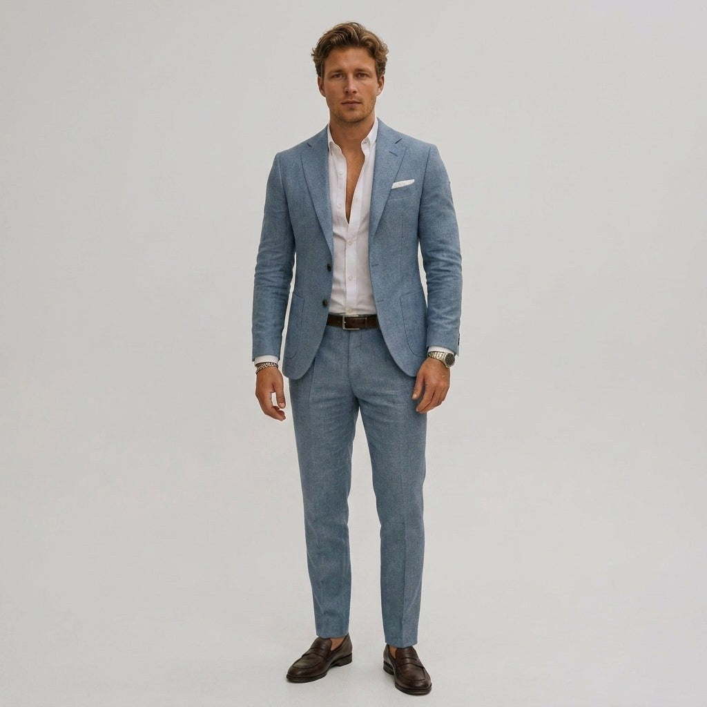 Seweryn | Męski garnitur dwuczęściowy slim fit, lniany garnitur w kolorze oliwkowym | Rokishi