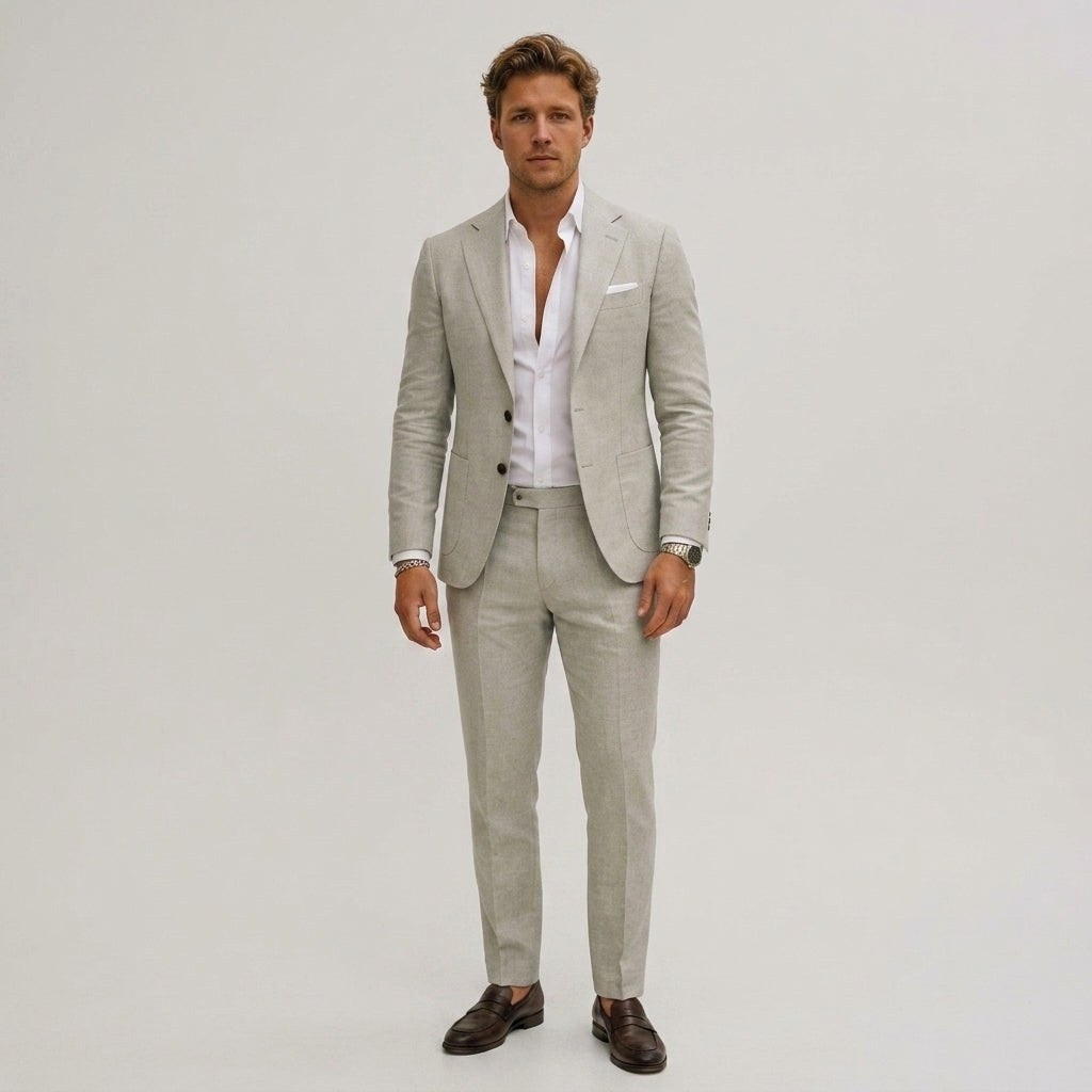 Seweryn | Męski garnitur dwuczęściowy slim fit, lniany garnitur w kolorze oliwkowym | Rokishi