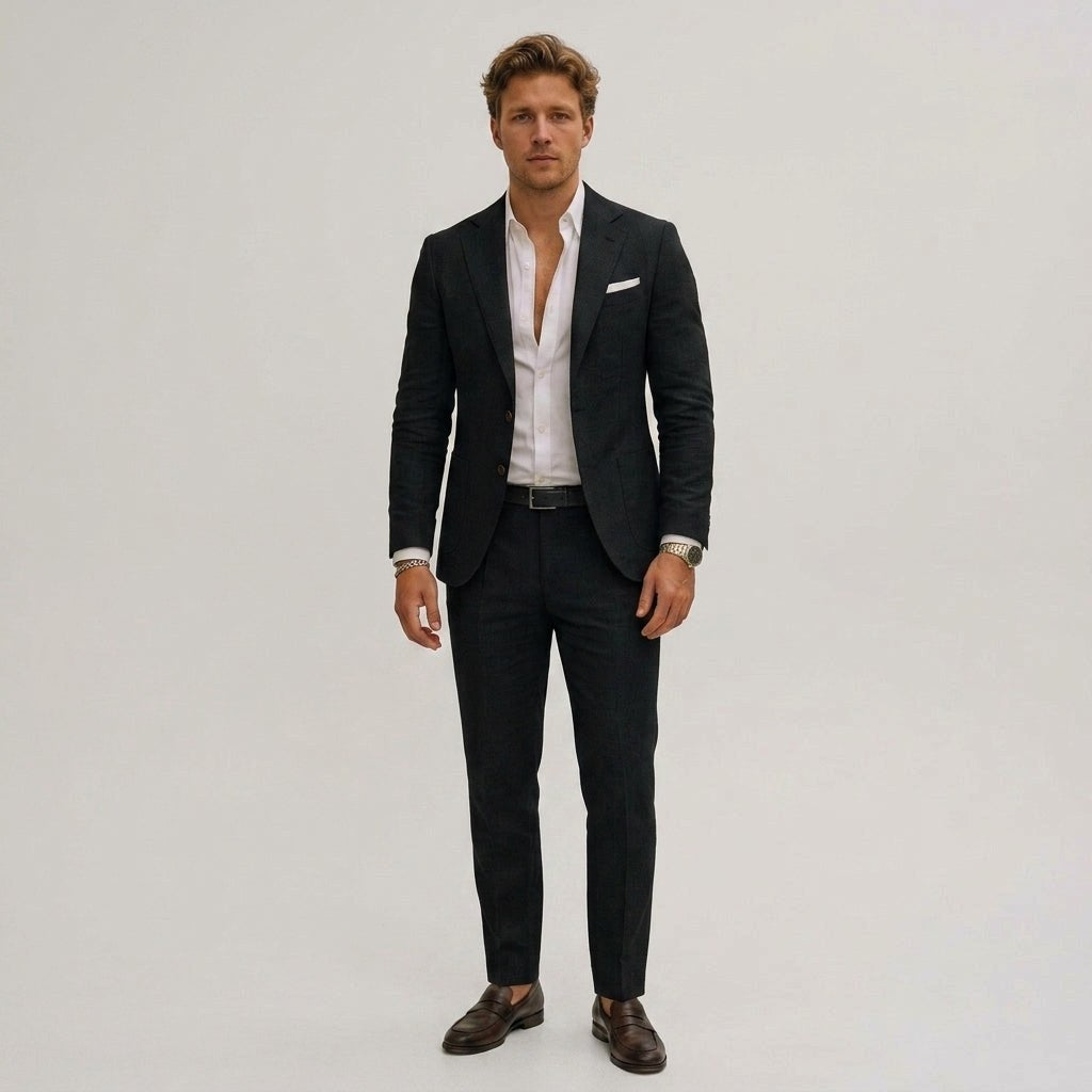 Seweryn | Męski garnitur dwuczęściowy slim fit, lniany garnitur w kolorze oliwkowym | Rokishi