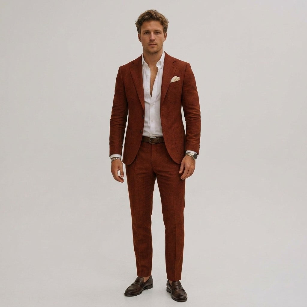 Seweryn | Męski garnitur dwuczęściowy slim fit, lniany garnitur w kolorze oliwkowym | Rokishi