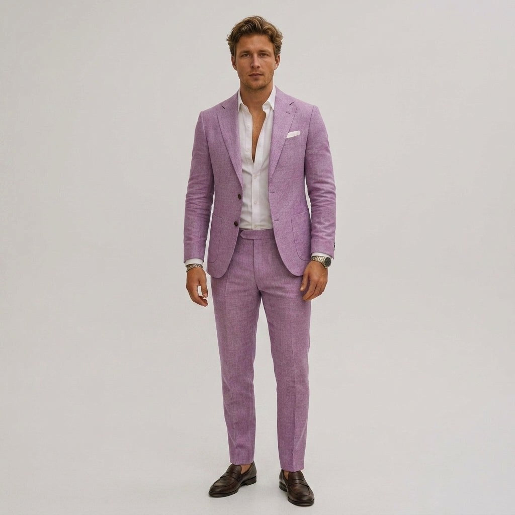 Seweryn | Męski garnitur dwuczęściowy slim fit, lniany garnitur w kolorze oliwkowym | Rokishi