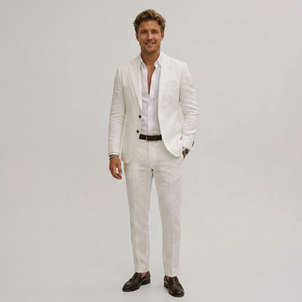 Seweryn | Męski garnitur dwuczęściowy slim fit, lniany garnitur w kolorze oliwkowym | Rokishi