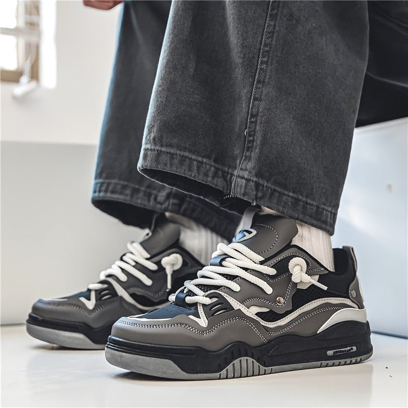 Ryszard | Męskie buty sportowe z geometrycznym wzorem, sznurowane buty z bieżnikowaną podeszwą | Rokishi | Szary
