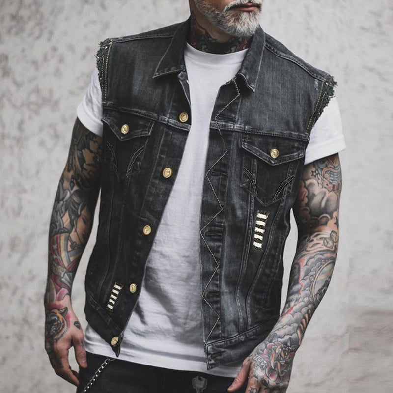 Dobromir | Męska kamizelka jeansowa, bezrękawnikowa z wyrazistą sylwetką streetwear | Rokishi | Czarny