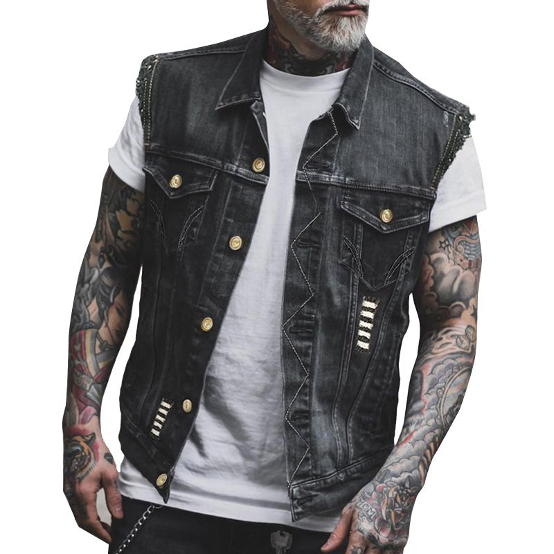 Dobromir | Męska kamizelka jeansowa, bezrękawnikowa z wyrazistą sylwetką streetwear | Rokishi | Czarny