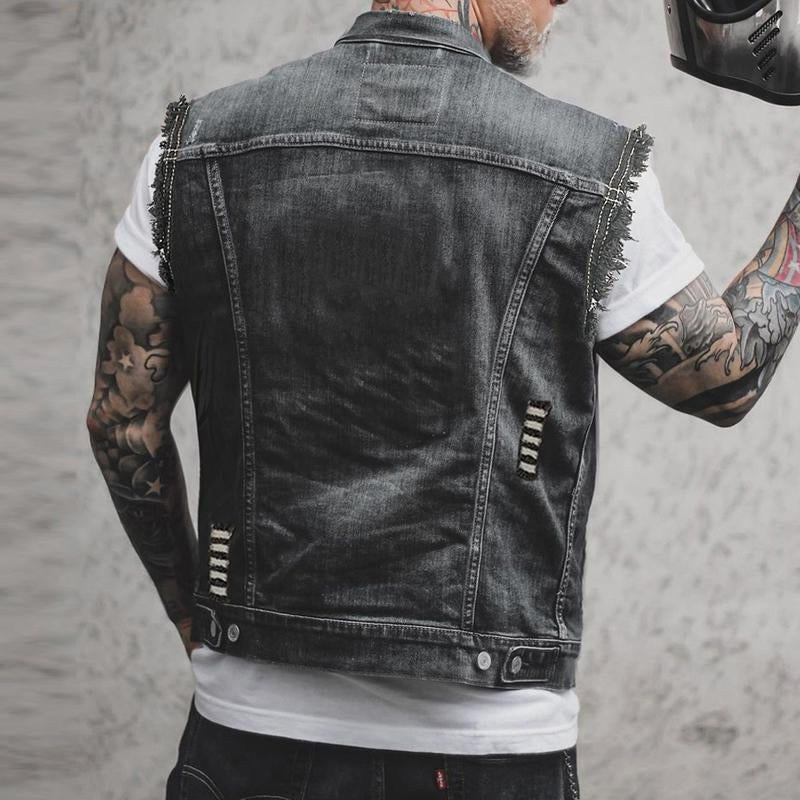 Dobromir | Męska kamizelka jeansowa, bezrękawnikowa z wyrazistą sylwetką streetwear | Rokishi | Czarny