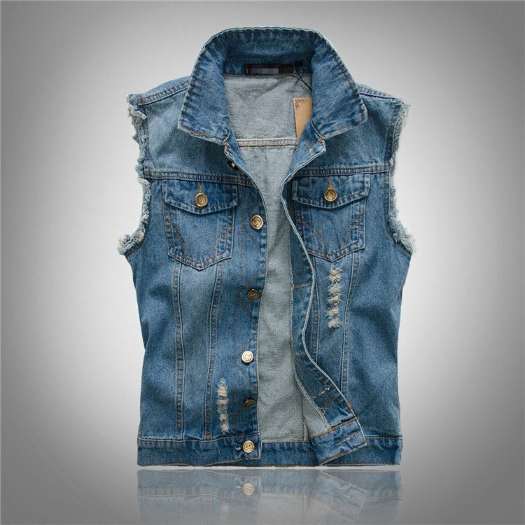 Dobromir | Męska kamizelka jeansowa, bezrękawnikowa z wyrazistą sylwetką streetwear | Rokishi | Czarny