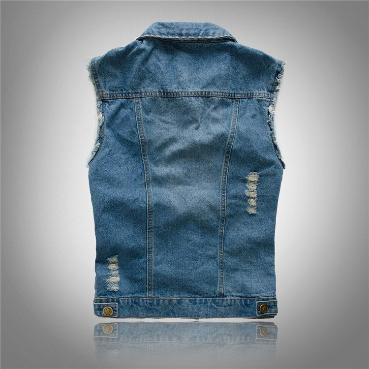 Dobromir | Męska kamizelka jeansowa, bezrękawnikowa z wyrazistą sylwetką streetwear | Rokishi | Czarny