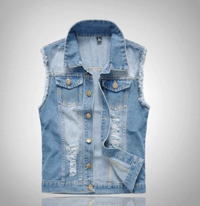 Dobromir | Męska kamizelka jeansowa, bezrękawnikowa z wyrazistą sylwetką streetwear | Rokishi | Czarny