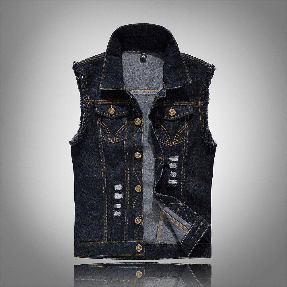 Dobromir | Męska kamizelka jeansowa, bezrękawnikowa z wyrazistą sylwetką streetwear | Rokishi | Czarny