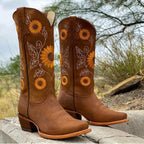 Joanna | Damskie buty w stylu boho, botki we wzór w słoneczniki | Rokishi | Khaki