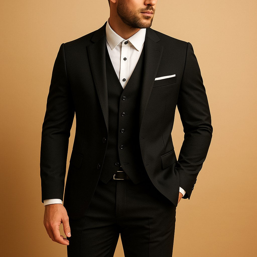 Kajetan | Męski garnitur slim fit, trzyczęściowy garnitur ślubny z kamizelką | Rokishi | Czarny