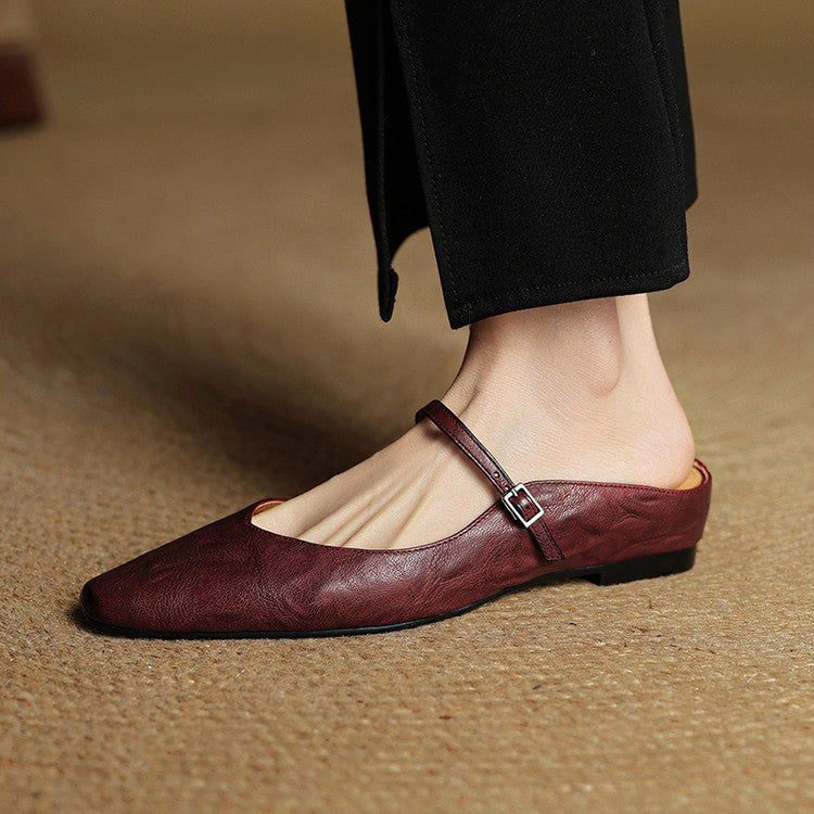 Regina | Damskie skórzane mule Mary Jane, wygodne buty ze szpiczastym noskiem | Rokishi | Bordowy