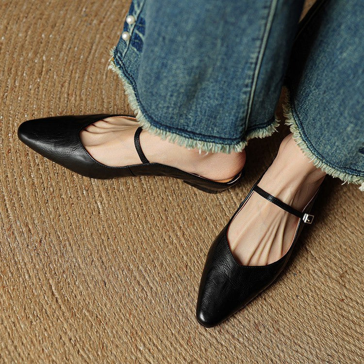 Regina | Damskie skórzane mule Mary Jane, wygodne buty ze szpiczastym noskiem | Rokishi | Czarny