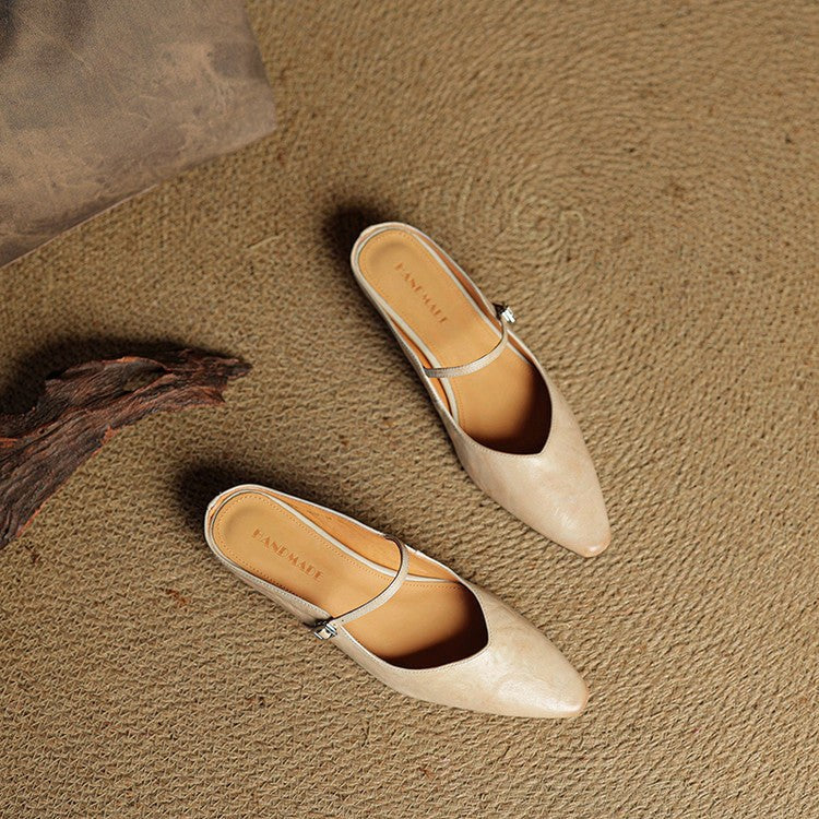 Regina | Damskie skórzane mule Mary Jane, wygodne buty ze szpiczastym noskiem | Rokishi | Beżowy
