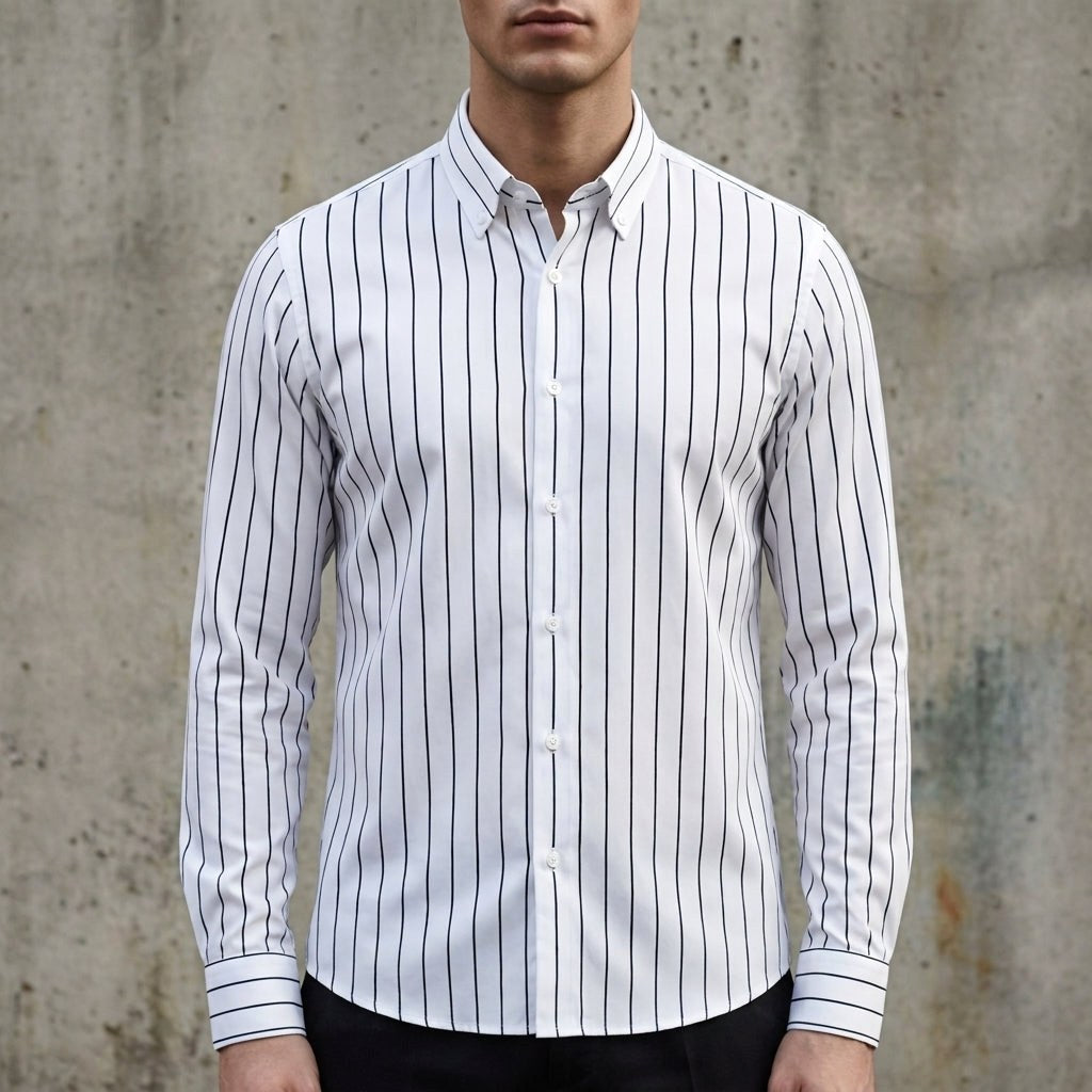 Robert | Męska koszula w paski z mieszanki bawełny, koszula smart casual z długim rękawem | Rokishi | Biało-czarny w paski