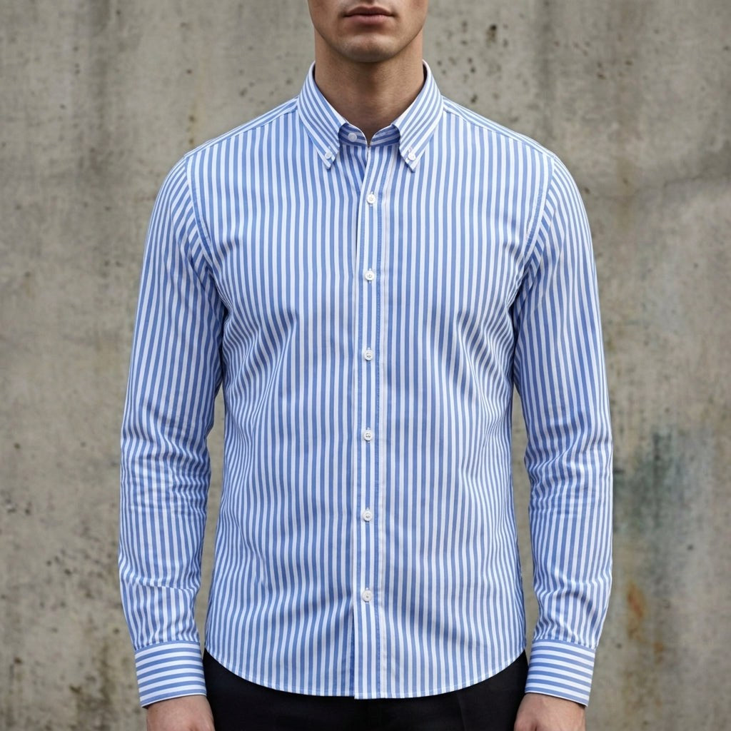 Robert | Męska koszula w paski z mieszanki bawełny, koszula smart casual z długim rękawem | Rokishi | Biało-czarny w paski