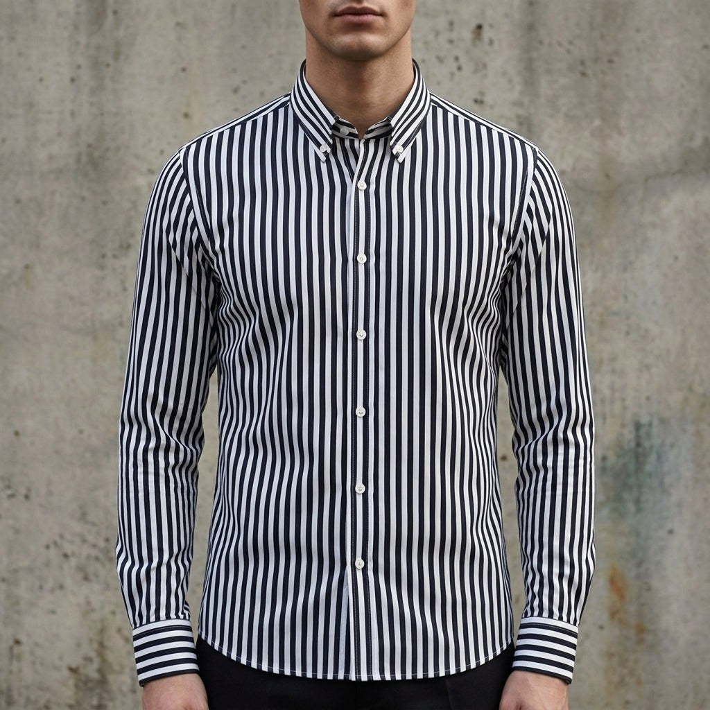 Robert | Męska koszula w paski z mieszanki bawełny, koszula smart casual z długim rękawem | Rokishi | Biało-czarny w paski
