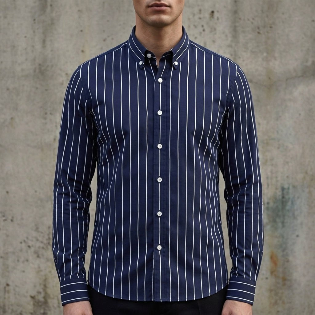 Robert | Męska koszula w paski z mieszanki bawełny, koszula smart casual z długim rękawem | Rokishi | Biało-czarny w paski
