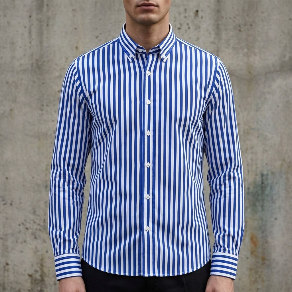 Robert | Męska koszula w paski z mieszanki bawełny, koszula smart casual z długim rękawem | Rokishi | Biało-czarny w paski