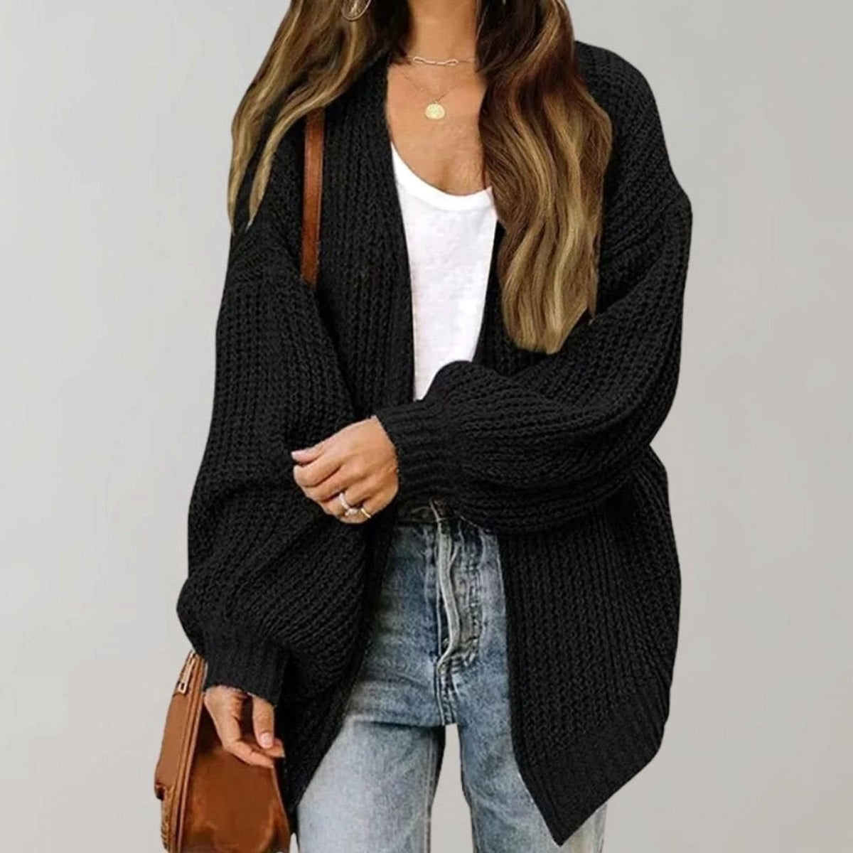Maria | Damski oversize'owy kardigan z otwartym przodem, luźny kardigan narzutkowy | Rokishi | Czarny