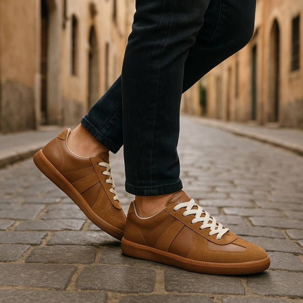 Seweryn | Męskie buty sznurowane z antypoślizgową podeszwą, klasyczne sneakersy sznurowane | Rokishi | Brązowy