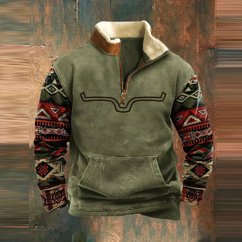 Ryszard | Męska bluza polarowa z krótkim zamkiem w stylu western, ocieplana futerkiem sherpa | Rokishi | Pomarańczowy