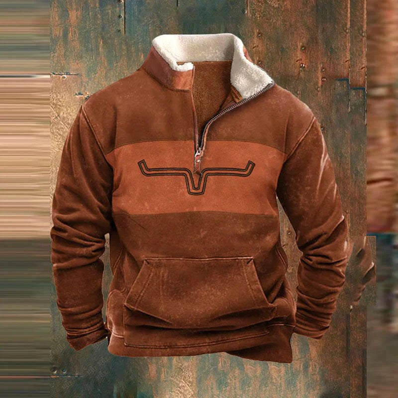 Ryszard | Męska bluza polarowa z krótkim zamkiem w stylu western, ocieplana futerkiem sherpa | Rokishi | Pomarańczowy
