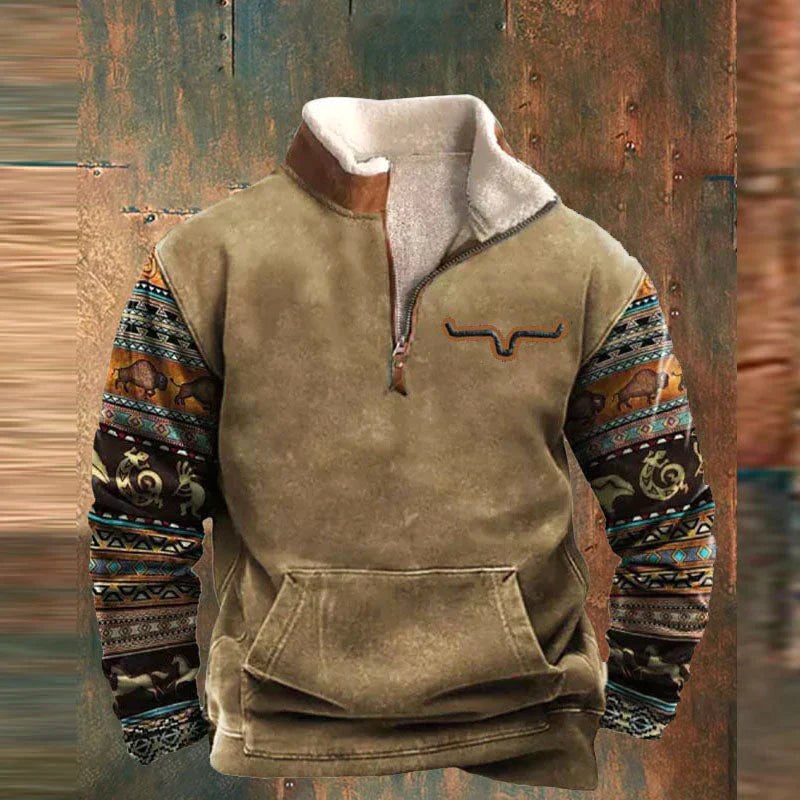 Ryszard | Męska bluza polarowa z krótkim zamkiem w stylu western, ocieplana futerkiem sherpa | Rokishi | Pomarańczowy