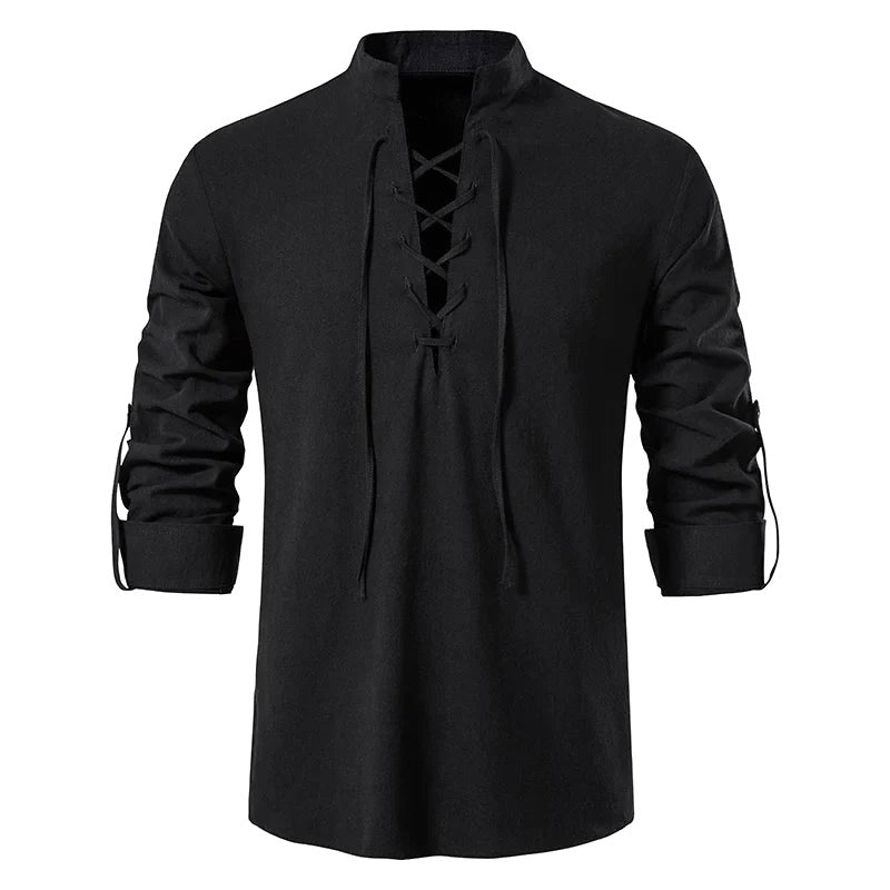 Bartosz | Lniana koszula męska z detalem wiązanym pod szyją, koszula lniana w stylu boho | Rokishi