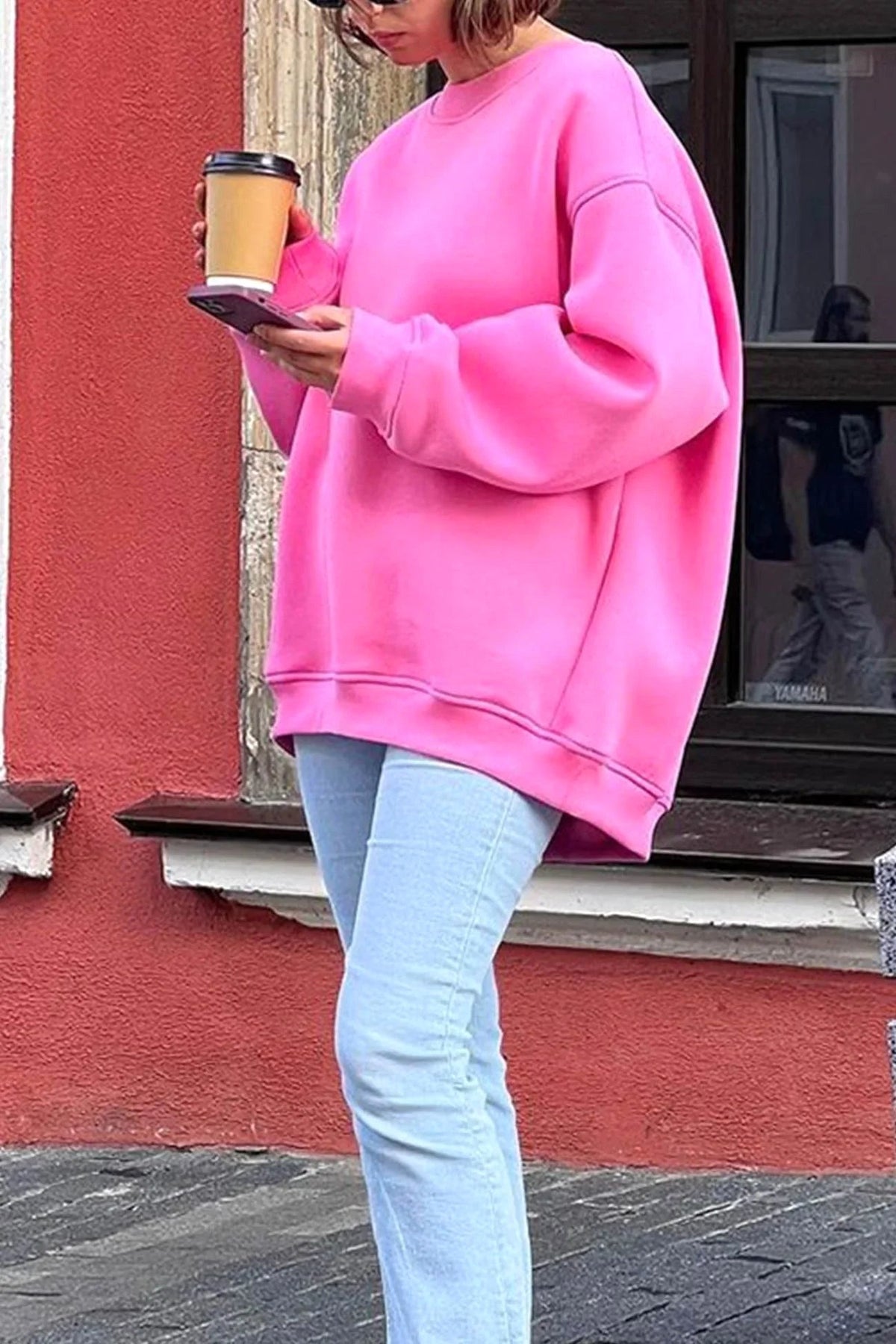 Izabela | Damska oversize'owa bluza z okrągłym dekoltem, luźny sweter | Rokishi | Różowy