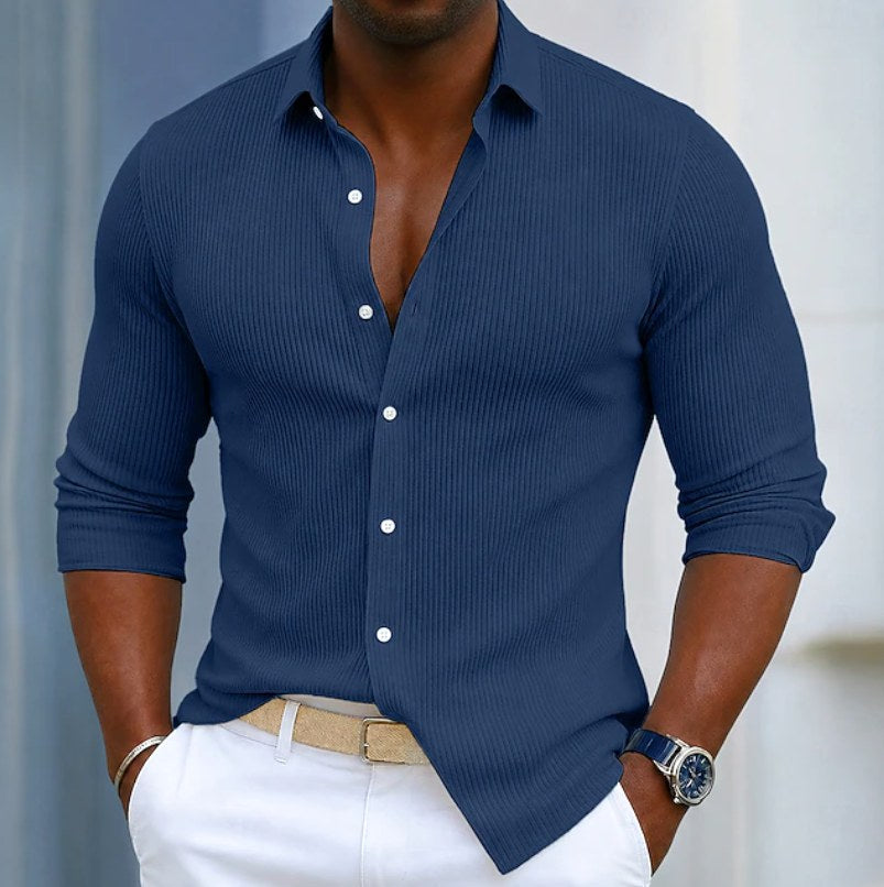 Feliks | Męska koszulka Henley o kroju slim fit, z fakturą i nowoczesnym dekoltem kopertowym | Rokishi