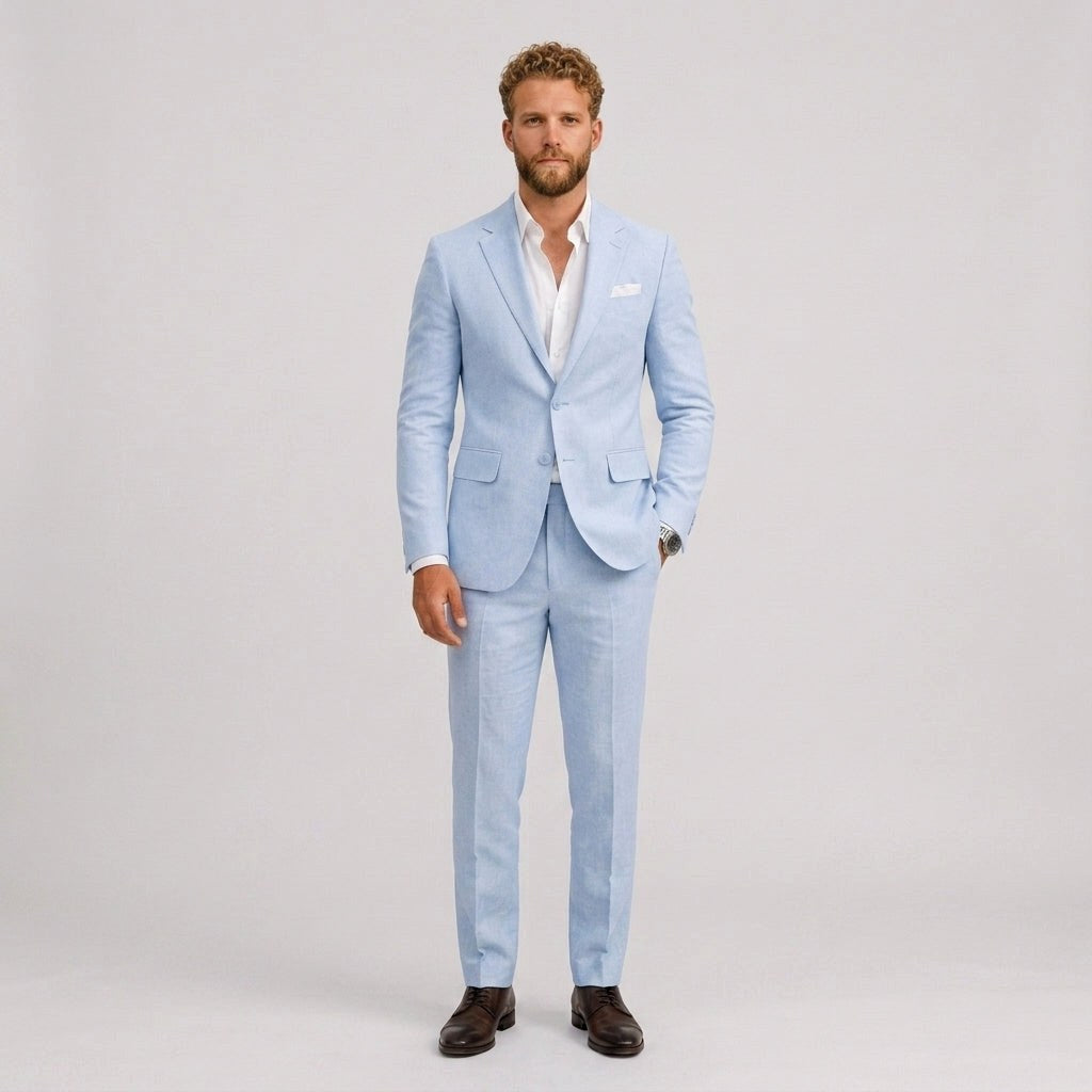 Roch | Męski garnitur lniany o kroju slim fit, zestaw dwuczęściowy, taliowany fason | Rokishi