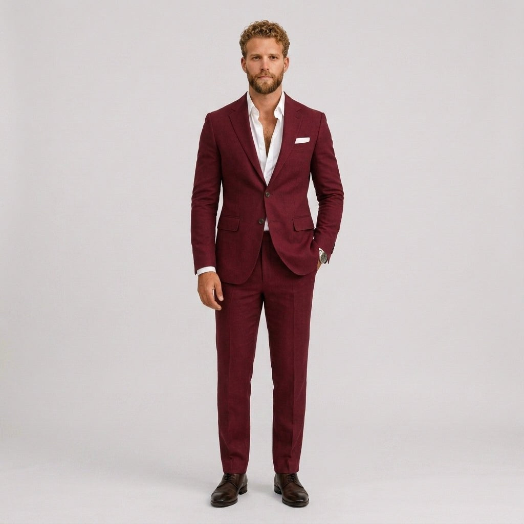 Roch | Męski garnitur lniany o kroju slim fit, zestaw dwuczęściowy, taliowany fason | Rokishi