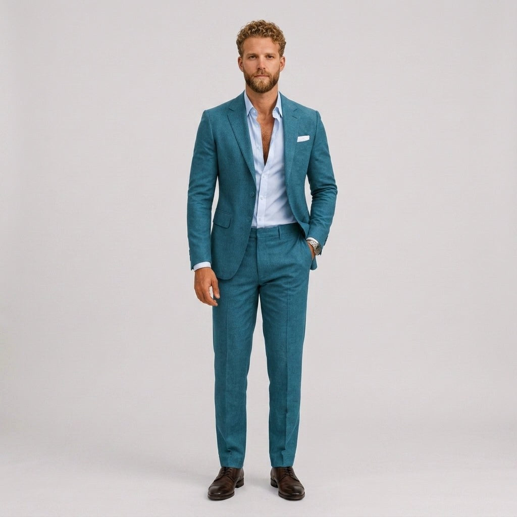 Roch | Męski garnitur lniany o kroju slim fit, zestaw dwuczęściowy, taliowany fason | Rokishi