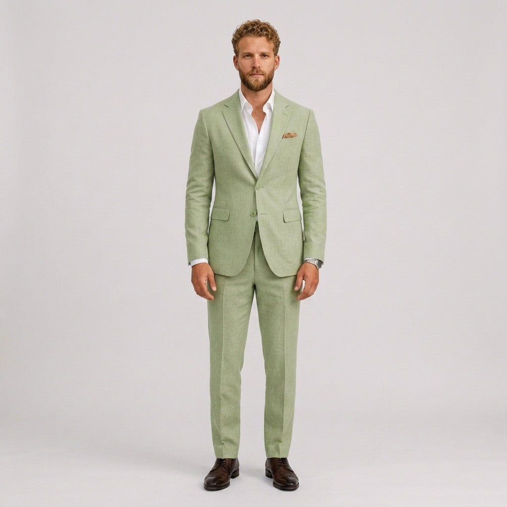 Roch | Męski garnitur lniany o kroju slim fit, zestaw dwuczęściowy, taliowany fason | Rokishi