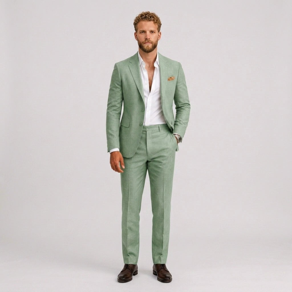 Roch | Męski garnitur lniany o kroju slim fit, zestaw dwuczęściowy, taliowany fason | Rokishi