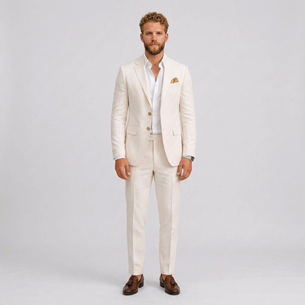Roch | Męski garnitur lniany o kroju slim fit, zestaw dwuczęściowy, taliowany fason | Rokishi