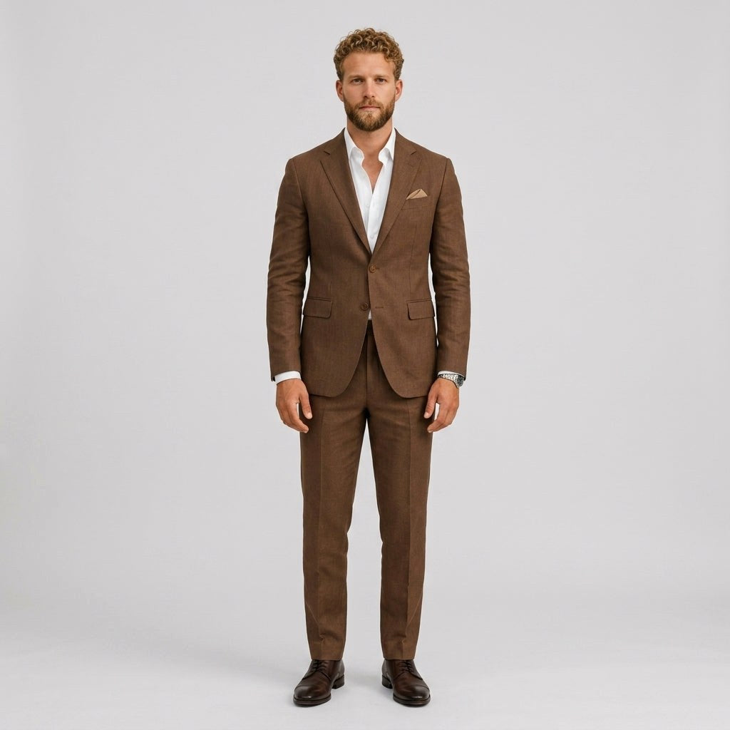 Roch | Męski garnitur lniany o kroju slim fit, zestaw dwuczęściowy, taliowany fason | Rokishi