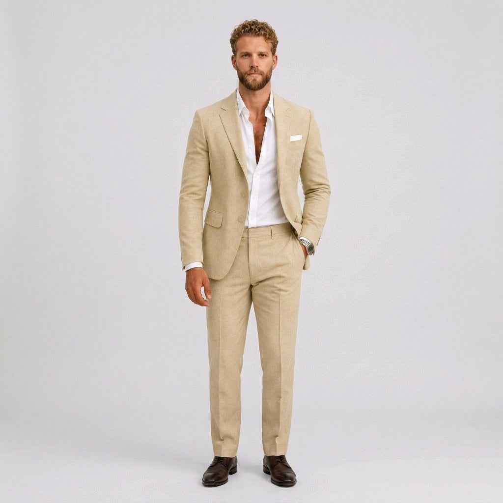 Roch | Męski garnitur lniany o kroju slim fit, zestaw dwuczęściowy, taliowany fason | Rokishi