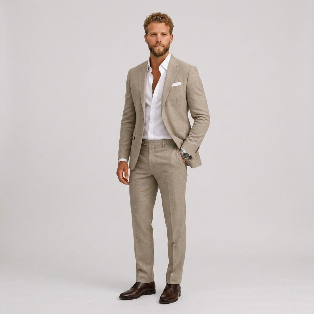 Roch | Męski garnitur lniany o kroju slim fit, zestaw dwuczęściowy, taliowany fason | Rokishi