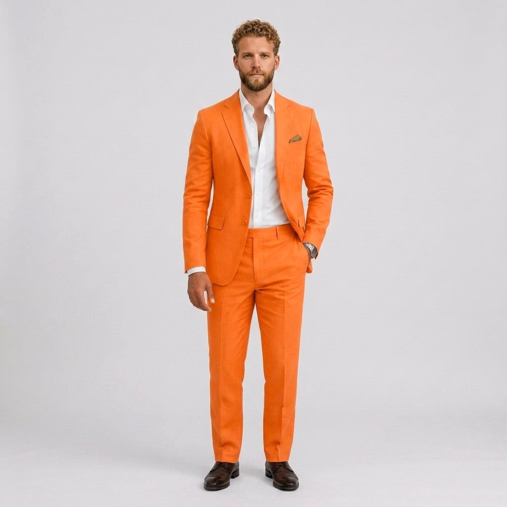 Roch | Męski garnitur lniany o kroju slim fit, zestaw dwuczęściowy, taliowany fason | Rokishi