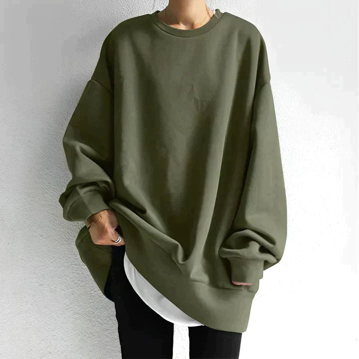 Marta | Damski oversize'owy sweter tunika z okrągłym dekoltem, dzianina z opadającym ramieniem | Rokishi | Czarny