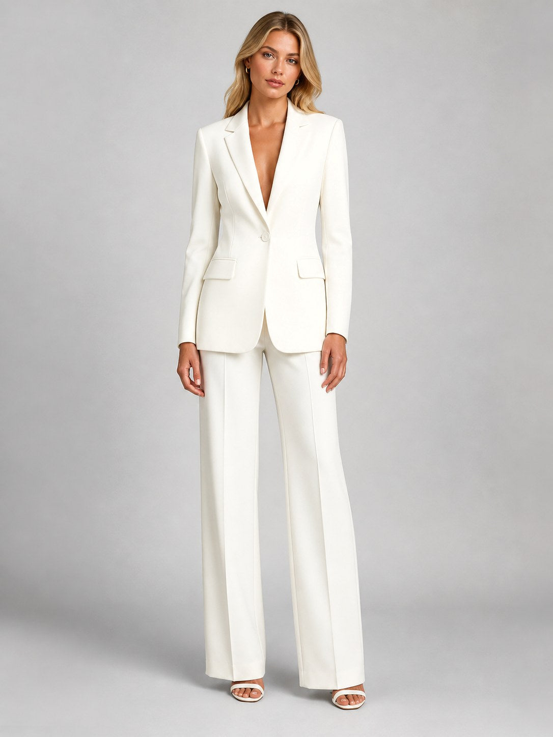 Natalia | Damski dopasowany blazer z szerokimi spodniami, elegancki komplet na wyjątkowe okazje | Rokishi | Biały