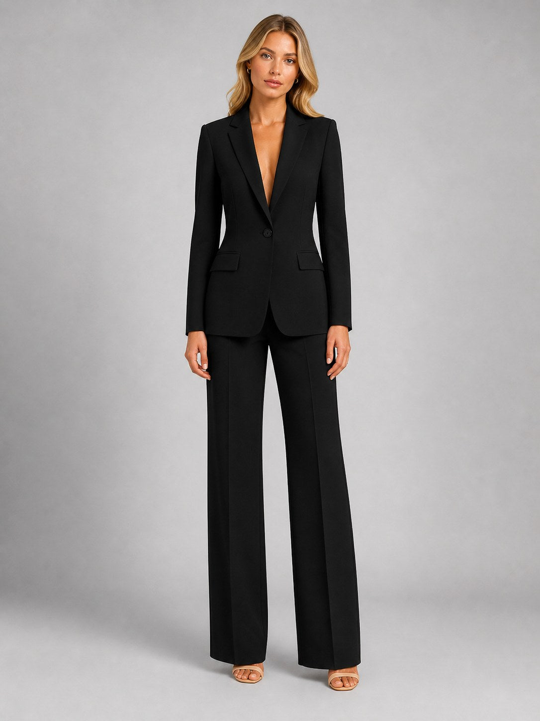 Natalia | Damski dopasowany blazer z szerokimi spodniami, elegancki komplet na wyjątkowe okazje | Rokishi | Biały
